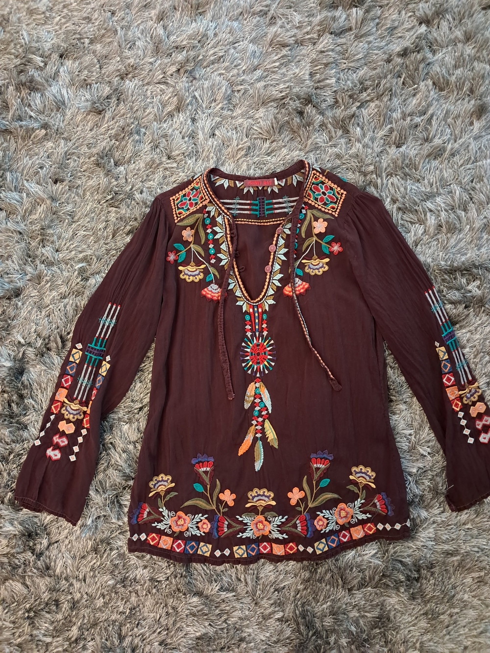 Johnny Was Embroidered Burgundy Boho Peasant Blouse Small Hippy Vintage